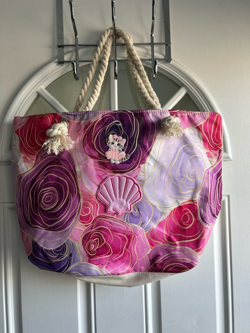 Floral Beach Tote Bag with Sea Shell & Kitten Patches